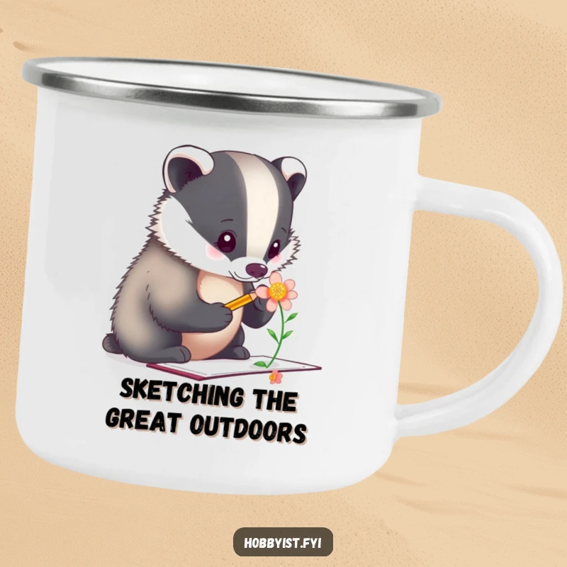 Funny Camping Mug: A determined badger artist sketches a flower in nature, perfect for fueling creativity on outdoor adventures.