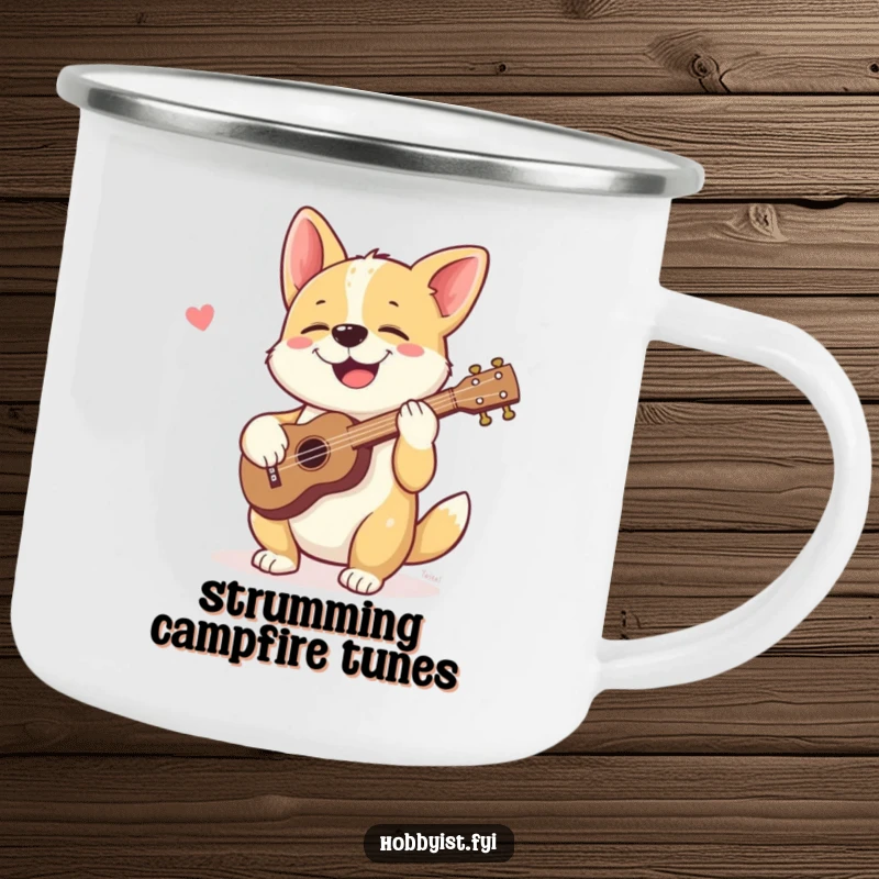 Funny camping mug with a giggling dog happily strumming a tiny ukulele, perfect for outdoor enjoyment and musical humor.