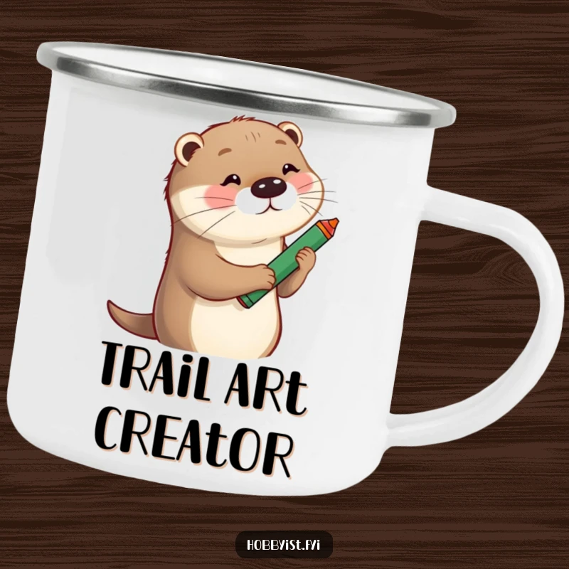 Funny Camping Mug featuring a playful otter sketching a whimsical portrait with a large crayon, ideal for outdoor creativity.