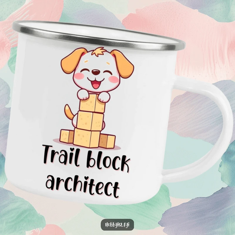 Funny dog block tower camping mug featuring a happy dog stacking wooden blocks, perfect for enjoying drinks outdoors with a humorous touch.