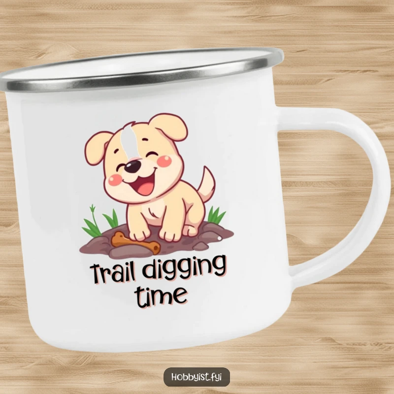 Funny enamel camping mug featuring a happy dog energetically digging a hole, with a bone nearby, ideal for outdoor dog lovers.