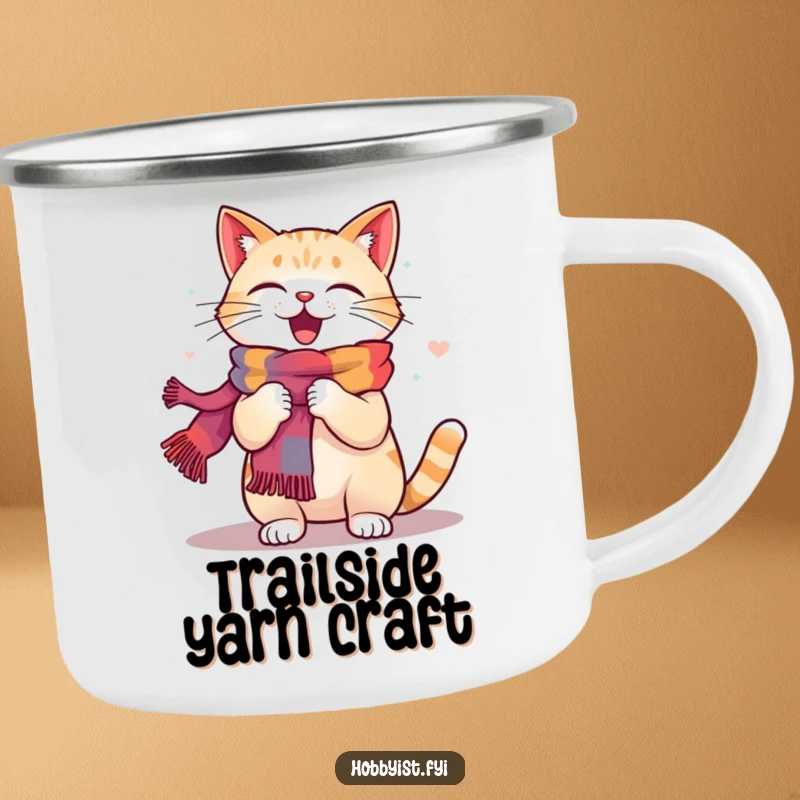 Funny Cat Knitting Camping Mug: A happy cat energetically knits a colorful scarf, ideal for outdoor crafting and humor.