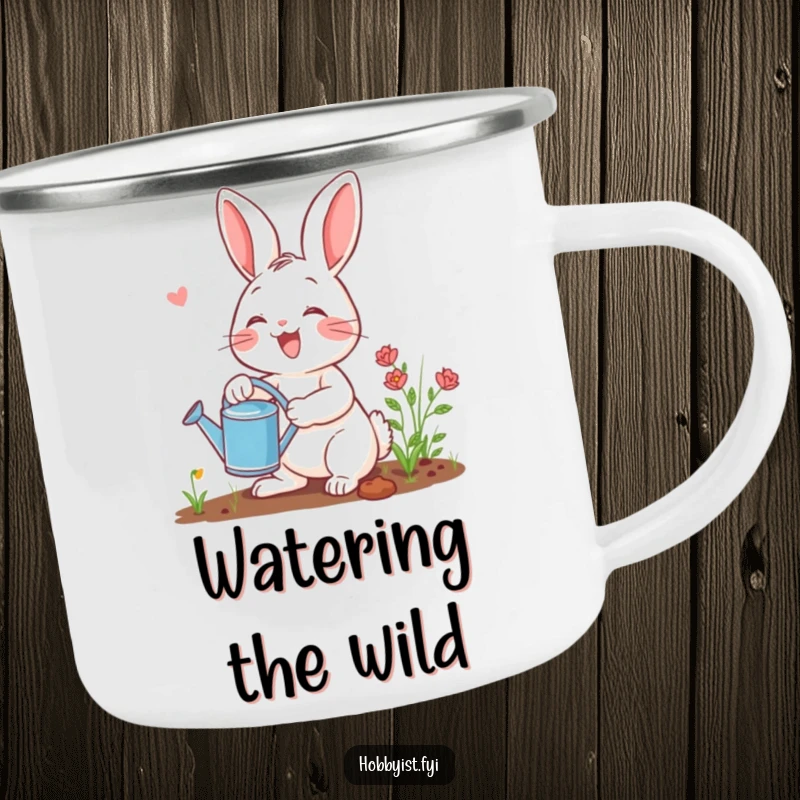 Funny gardening rabbit camping mug featuring a happy bunny with a watering can, perfect for enjoying beverages during outdoor adventures with humor.