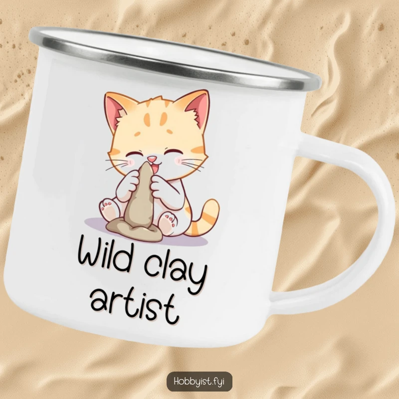 Funny cat sculpting camping mug featuring a playful cat working with clay, perfect for enjoying drinks outdoors with a humorous artistic touch.