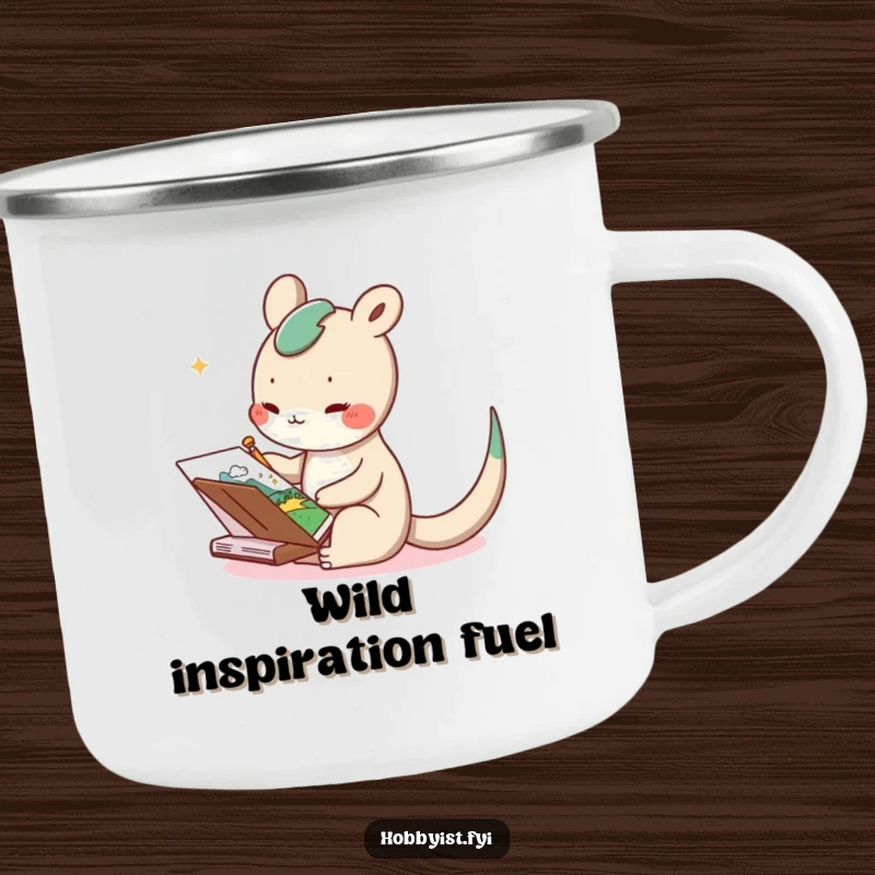 Funny camping mug featuring a delighted long-tailed creature sketching a whimsical landscape in nature, sturdy and portable
