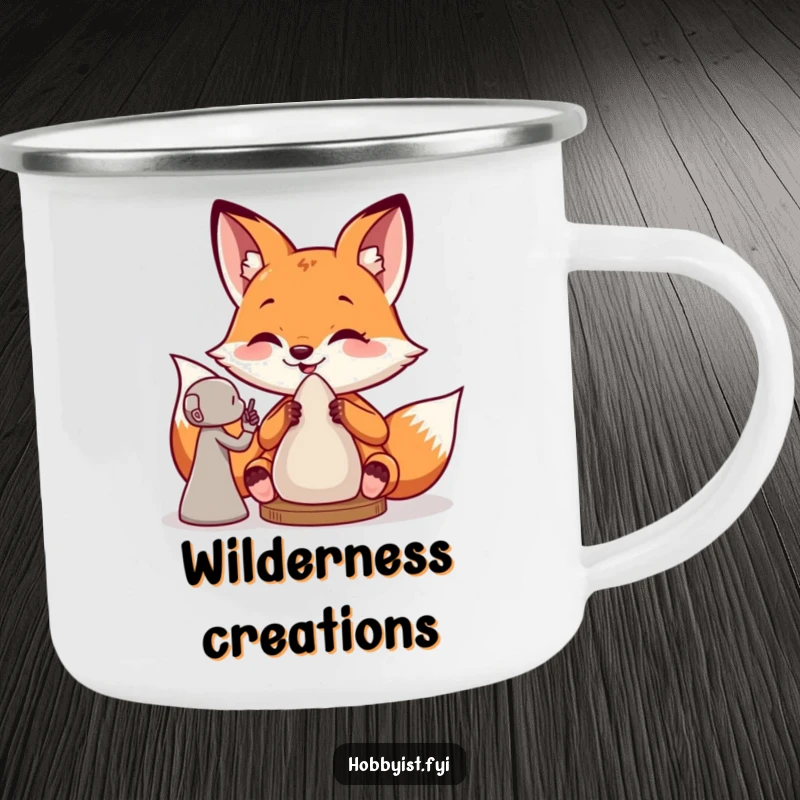 Funny camping mug featuring a giddy fox sculptor, perfect for enjoying drinks outdoors with a humorous artistic touch.