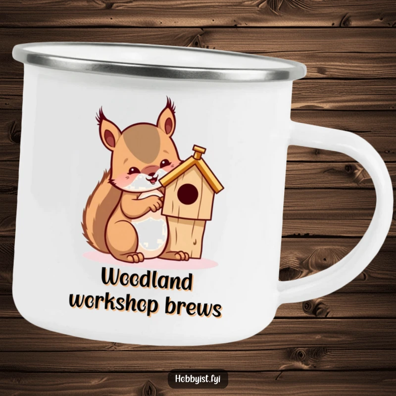 Funny camping mug featuring a focused squirrel whittling a miniature wooden birdhouse, perfect for outdoor crafting sessions.