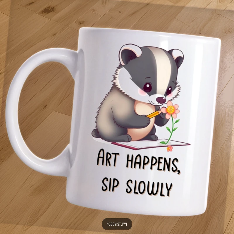 Funny Mug: A focused badger artist meticulously sketches a delicate flower with a tiny pencil, showcasing dedication and artistic talent.