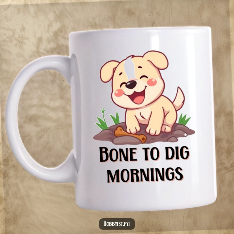 Funny dog mug featuring a happy dog energetically digging a small hole, with a bone nearby, capturing pure canine excitement and fun.