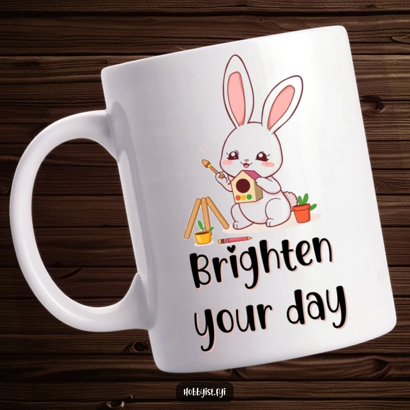Funny Kawaii Bunny Mug with a cheerful bunny enthusiastically painting a small, colorful birdhouse, capturing a moment of artistic joy.