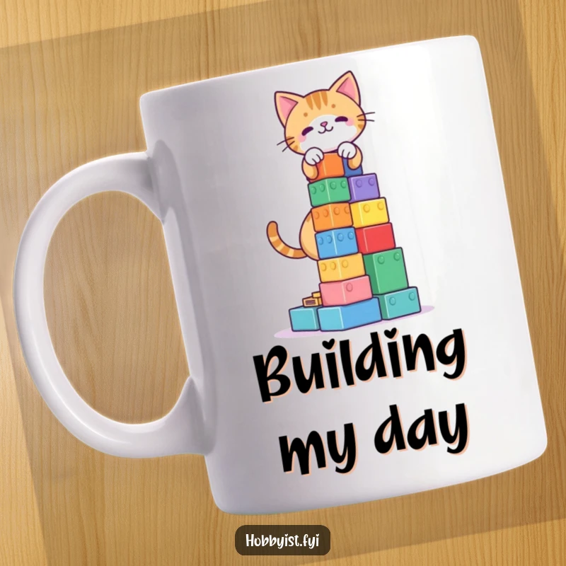 Funny Cat Blocks Tower Mug: A playful cat carefully builds a tall tower of colorful blocks, showcasing focus and fun.