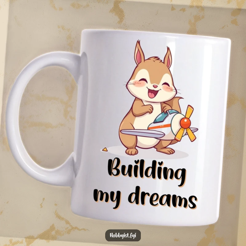 Funny Kawaii Squirrel Mug featuring a joyful squirrel happily assembling a small model airplane, capturing a moment of focused fun.
