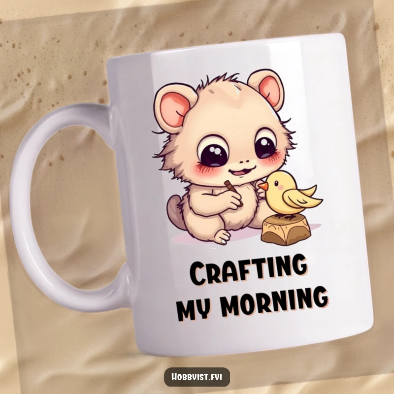 Funny cheerful creature with large eyes diligently carving a tiny wooden bird, depicted on a cute mug.