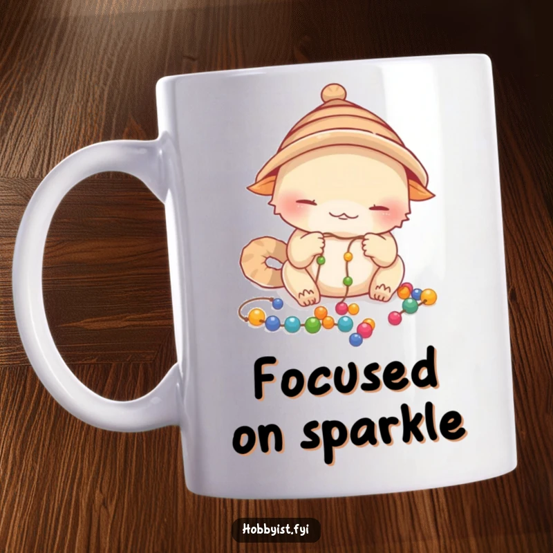Funny Focused Creature Mug: a small creature in a hat meticulously strings colorful beads onto a thread, a calm funny gift.