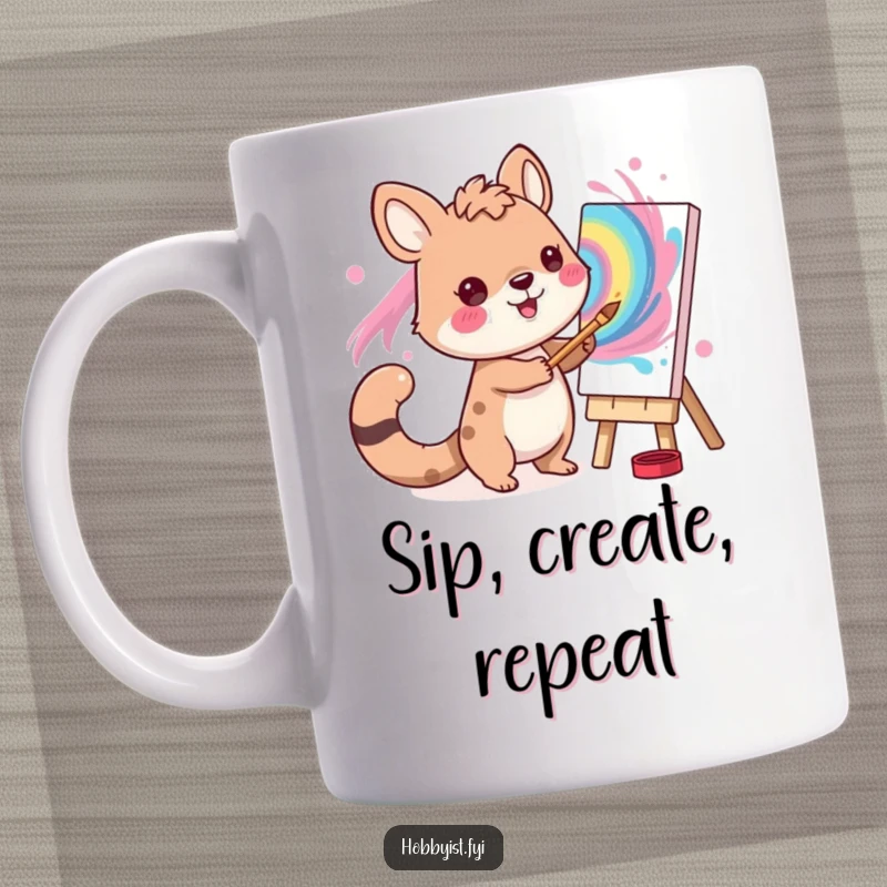 Funny Artist Animal Mug: A cheerful animal character happily paints a swirling, vibrant picture, showcasing artistic joy.