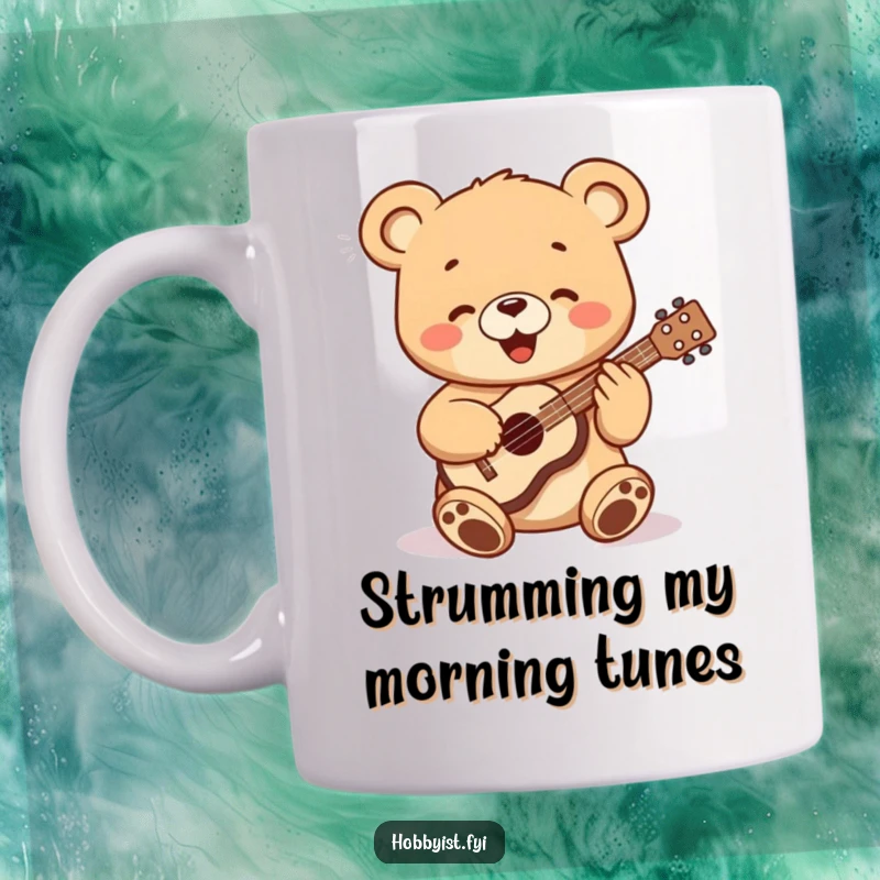 Funny bear cub playing a miniature ukulele with a joyful expression, captured on a ceramic mug, perfect for music lovers.