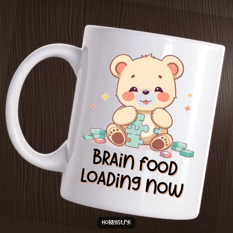 Funny bear cub character gleefully assembling a large, intricate jigsaw puzzle, showcasing intense focus and playful determination on this unique mug.