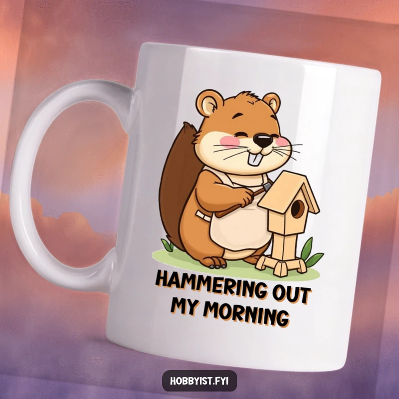 Funny busy beaver wearing an apron, happily hammering a miniature birdhouse, celebrating DIY humor.