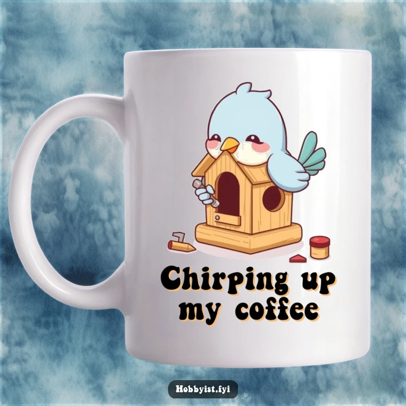 Funny Bird Building Mug: A playful bird enthusiastically builds a miniature birdhouse with tiny tools, showcasing industrious humor.