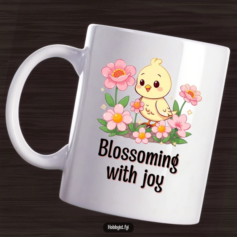 Funny happy bird character tending to a garden filled with large, sparkling flowers, depicted on a cheerful mug.