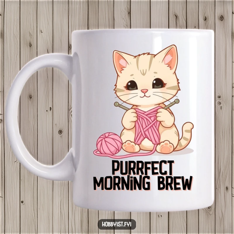 Funny cat mug featuring a curious feline with knitting needles and yarn, a ball of wool bouncing nearby, celebrating crafting and cat lovers.