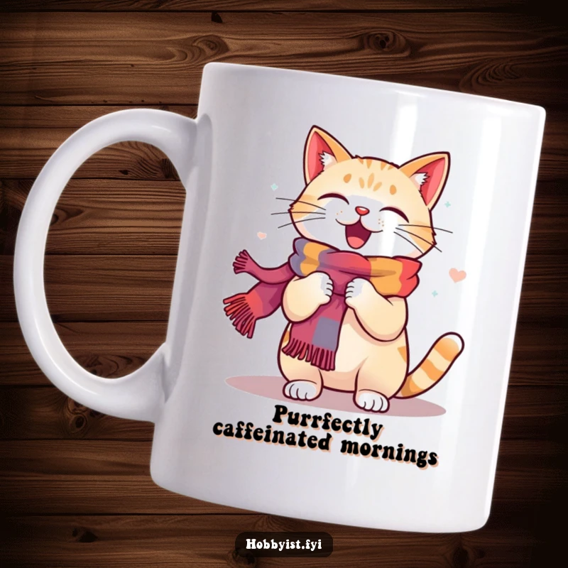 Funny Cat Knitting Mug: A happy cat energetically knits a colorful scarf, bringing joy and humor to coffee time.