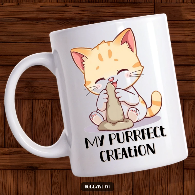 Funny cat sculpting mug featuring a playful cat attempting to mold a small figure out of clay, showcasing artistic feline focus.