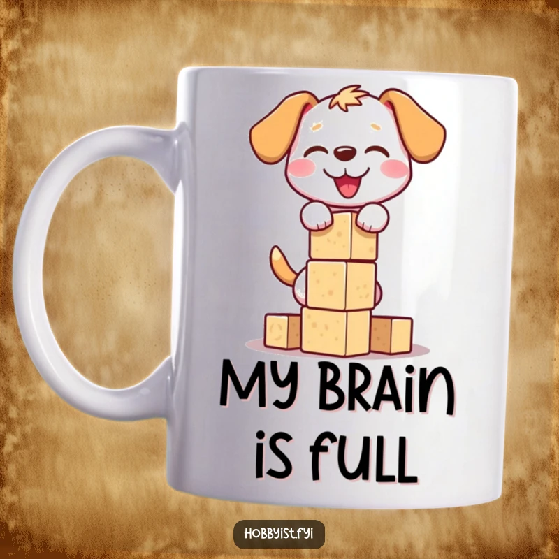Funny dog block tower mug featuring a happy dog attempting to build a wobbly tower of wooden blocks, showcasing playful canine energy.