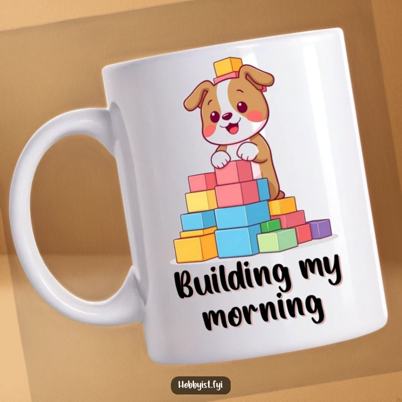 Funny, playful dog joyfully building a tall tower with colorful blocks, showing concentration and happiness.