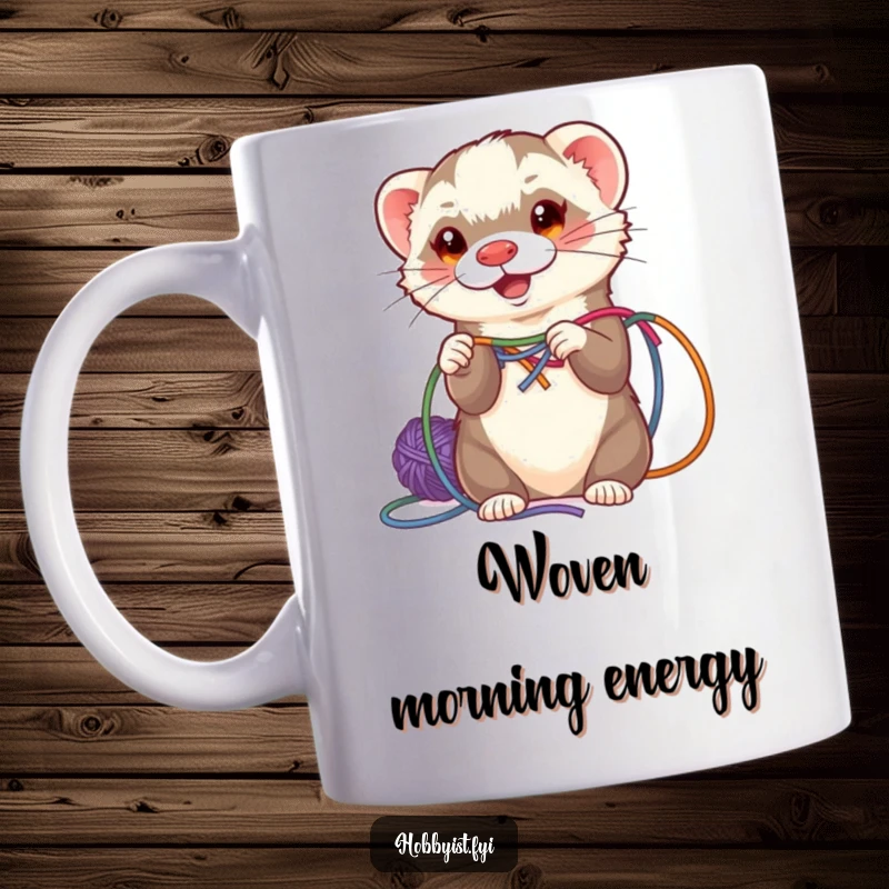 Funny, energetic ferret skillfully weaving colorful yarn with its paws, depicted on a ceramic mug, a crafter's delight.
