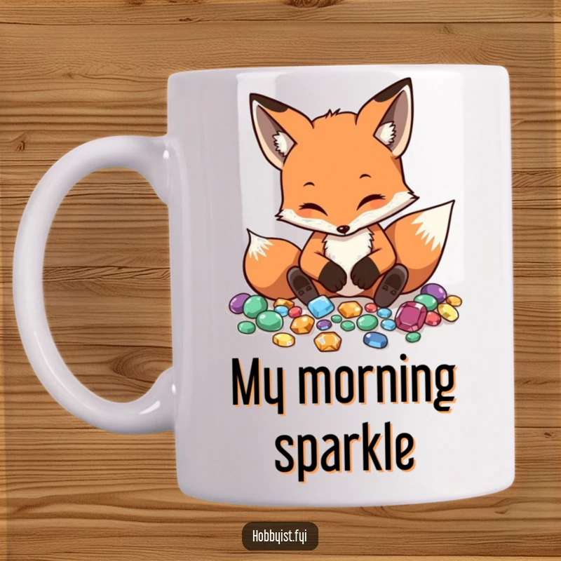 Funny Fox Mug shows a diligent fox meticulously arranging polished gemstones, highlighting focus and a love for treasures.