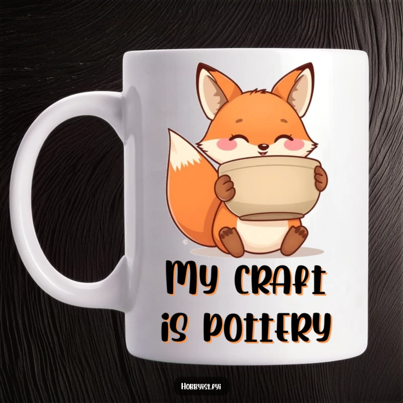 Funny mug showing a jubilant fox proudly holding up a newly crafted ceramic pot, expressing artistic accomplishment.