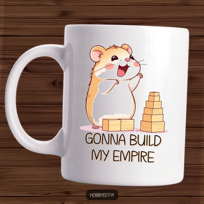 Funny Hamster Mug: A delighted hamster happily builds a towering structure of tiny wooden blocks, showcasing ambition and playfulness, a great funny gift.