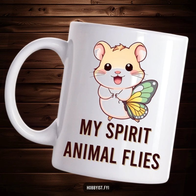 Funny Mug: A happy hamster joyfully rides a tiny butterfly through the sky, showcasing pure, unadulterated delight and a whimsical adventure.