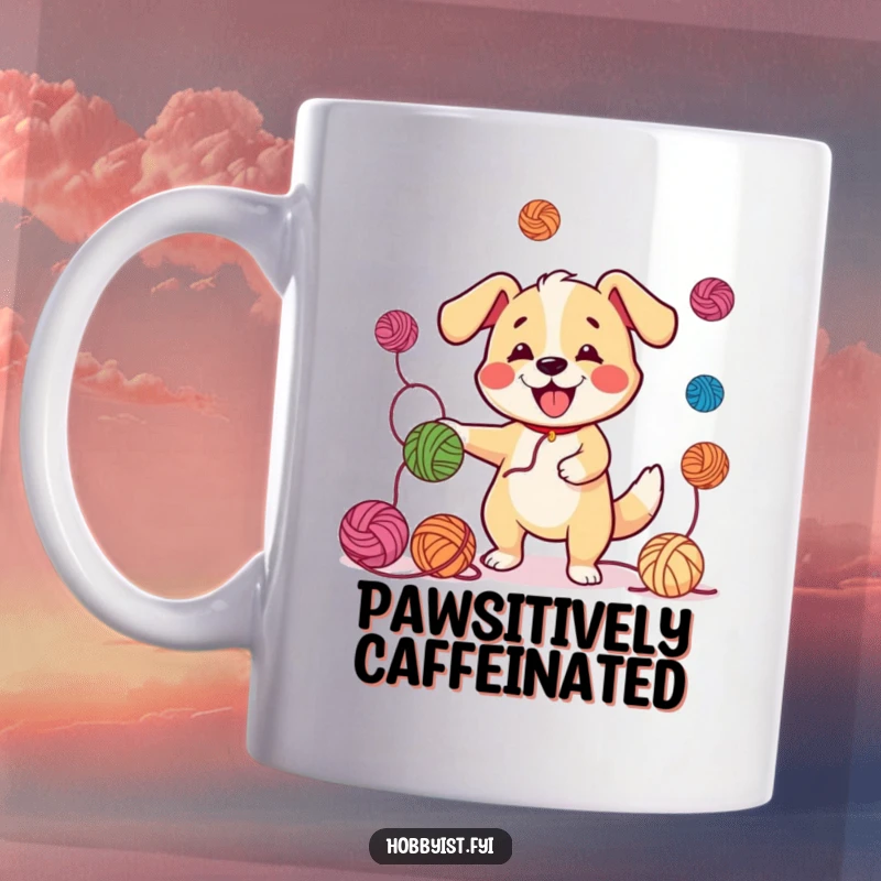 Funny Juggling Dog Yarn Mug: A cheerful dog with a wagging tail energetically juggles colorful yarn balls, radiating fun.