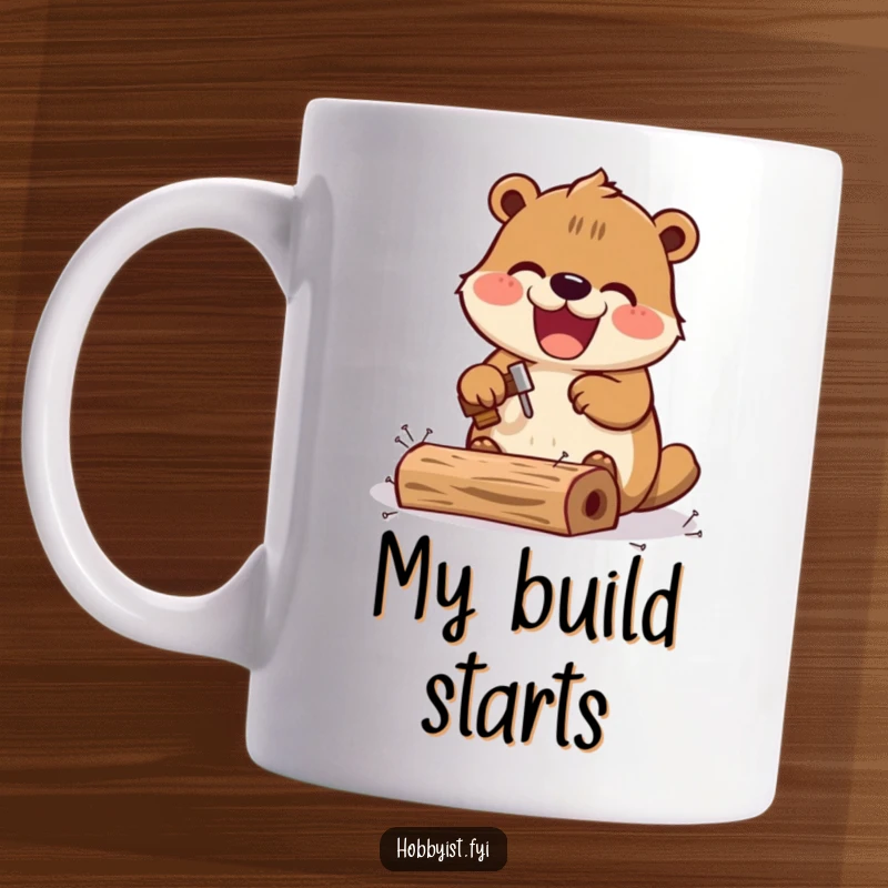 Funny Kawaii beaver mug, excitedly hammering tiny nails into a miniature wooden structure, showcasing industrious fun.