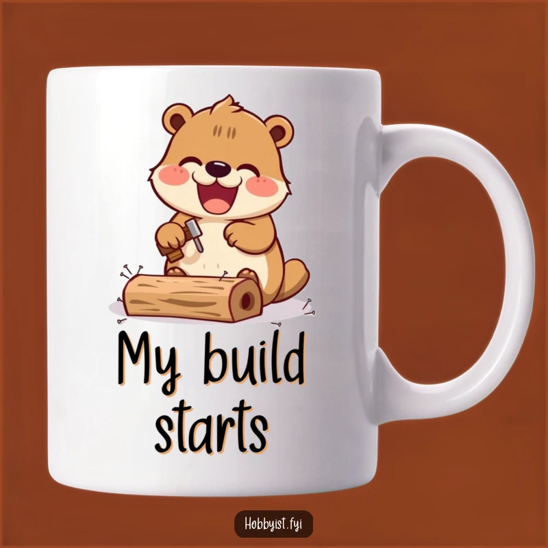 Funny Kawaii Beaver Mug: Excited Builder Gift with Tiny Hammer
