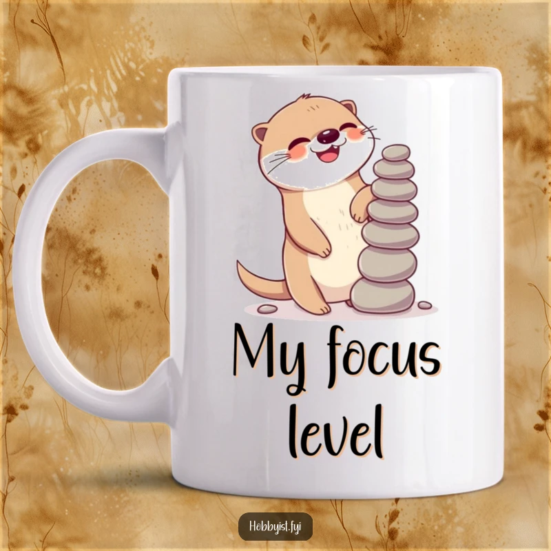 Funny Kawaii otter mug, giggling gleefully while balancing a precarious stack of pebbles, showcasing playful fun.