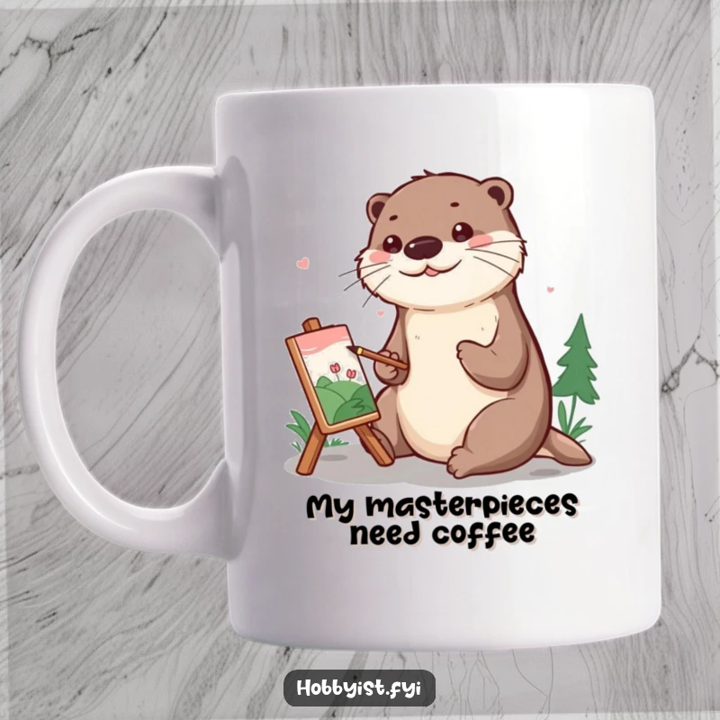 Funny Mug featuring a cheerful otter meticulously painting a tiny landscape with great focus and artistic flair, bringing joy.