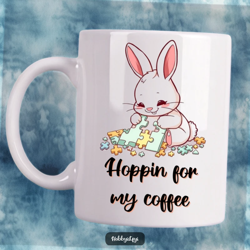 Funny Rabbit Puzzle Mug: A delighted rabbit meticulously assembles a complex puzzle with intense focus, radiating concentration and charm.