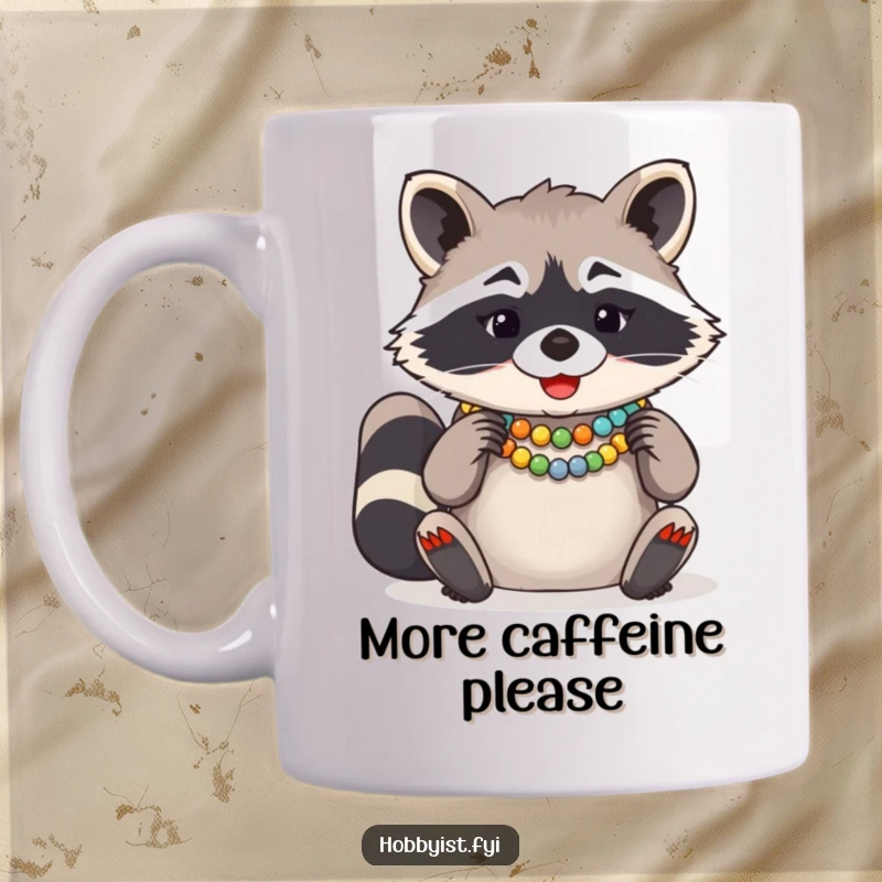 Funny Raccoon Bead Necklace Mug, a giggling raccoon with tiny hands expertly arranging colorful beads into a necklace.
