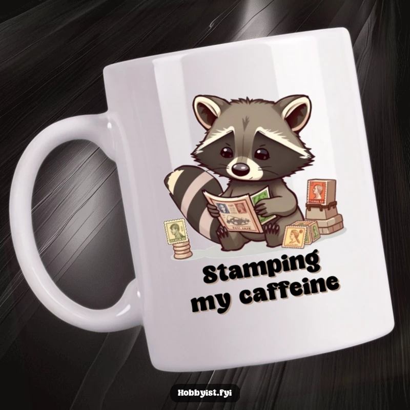 Funny raccoon with a magnifying glass inspecting antique stamps, depicted on a ceramic mug, a philatelist's fun accessory.