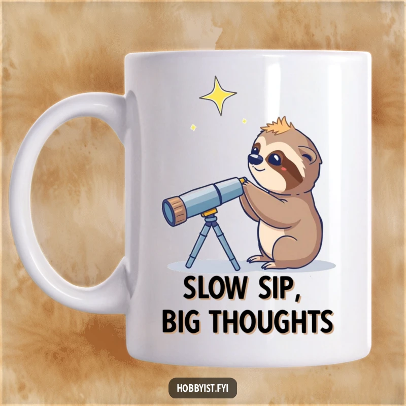 Funny Sloth Telescope Star Mug, a curious sloth peering through a telescope at a distant twinkling star in the night sky.