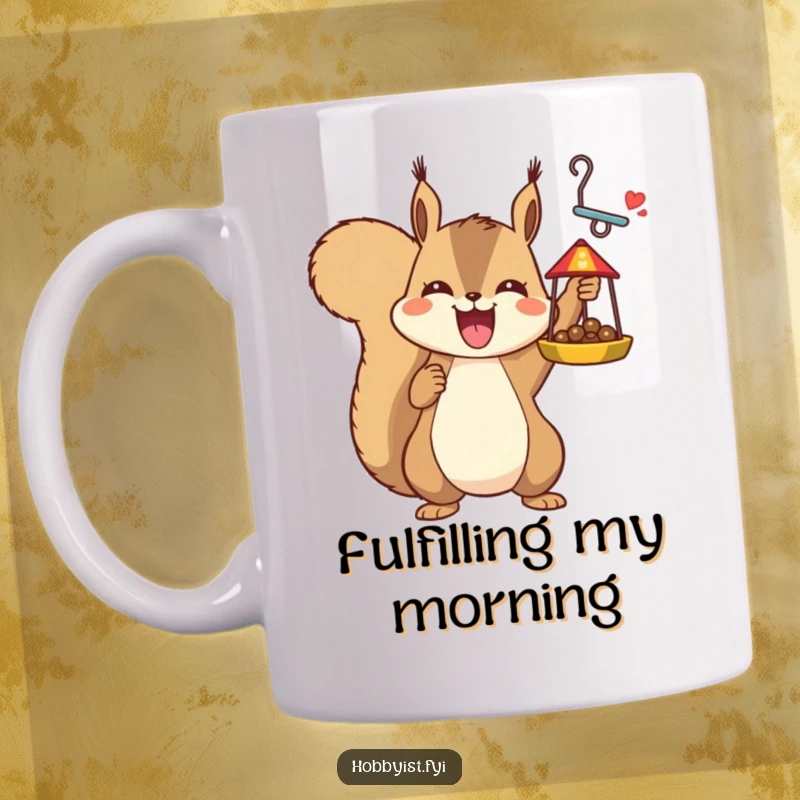 Funny joyful squirrel triumphantly holding a completed intricate bird feeder, depicted on a mug, a humorous and proud gift.