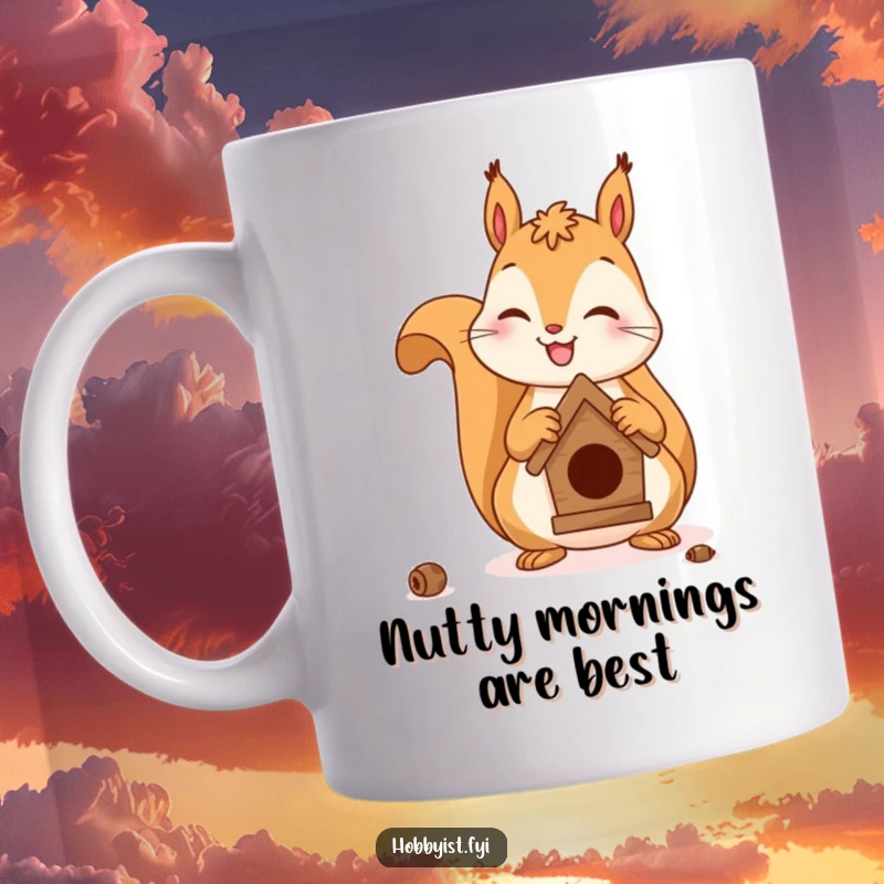Funny mug featuring a cheerful squirrel intently crafting a miniature, detailed birdhouse, showcasing its industrious and artistic nature.