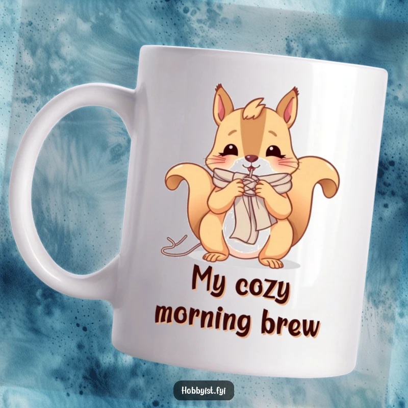 Funny coffee mug featuring a cheerful squirrel diligently knitting a tiny scarf with yarn, radiating cozy contentment.
