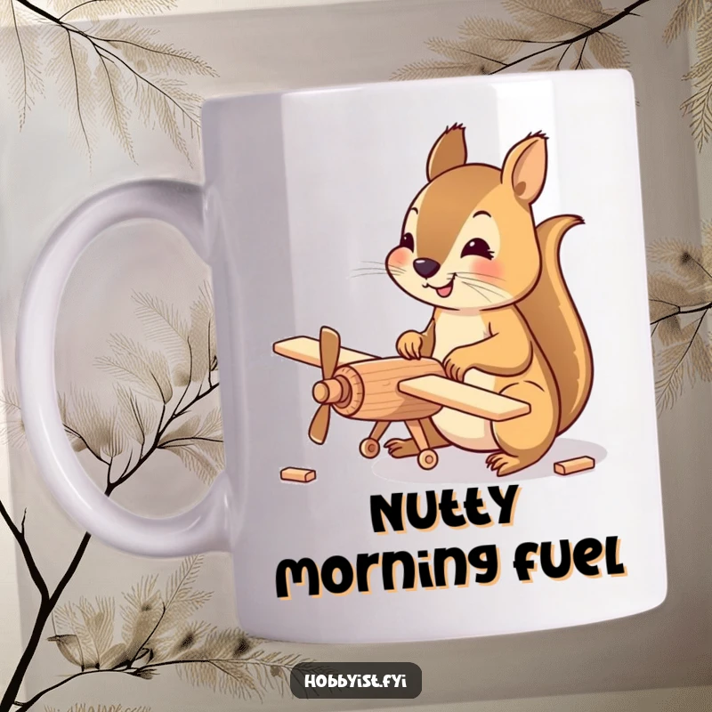 Funny Mug featuring a happy squirrel meticulously assembling a small wooden model airplane, embodying focus and hobbyist passion.