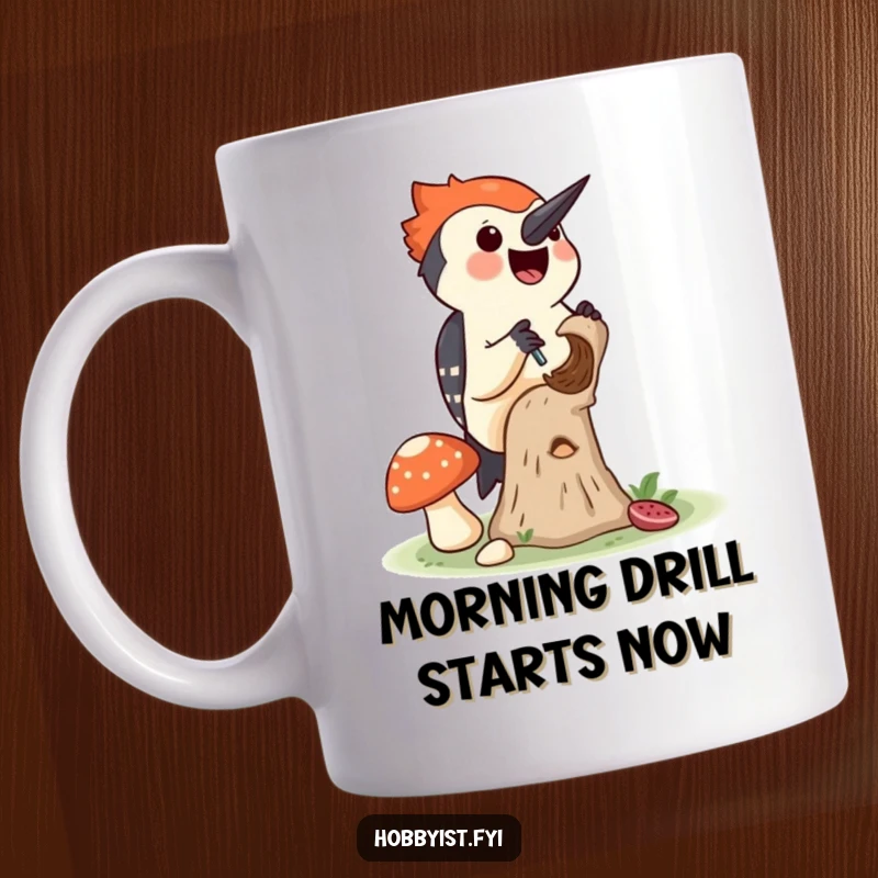 Funny mug showing a cheerful woodpecker drilling a small hole into a mushroom, depicting a delightful forest activity.