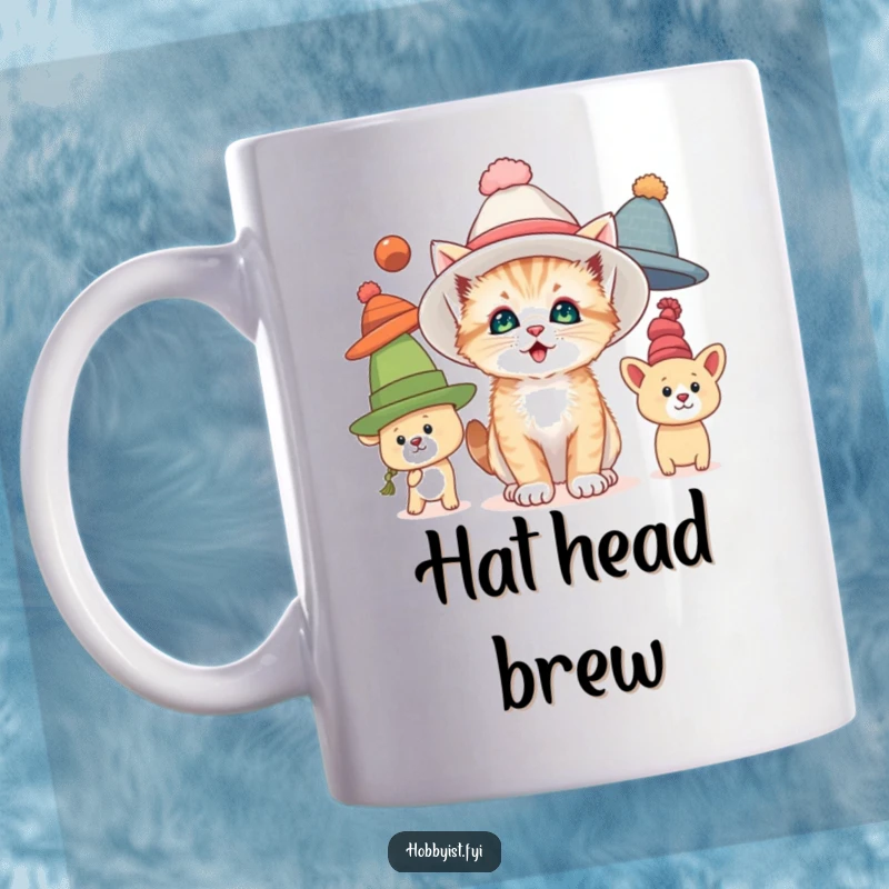 Funny mug showing a curious kitten trying on various oversized hats with wide-eyed delight, capturing playful feline fashion.