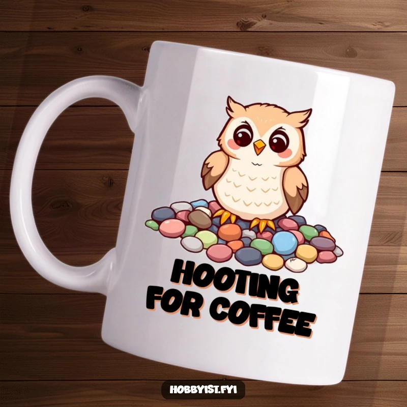Funny mug showing a cheerful owl meticulously arranging colorful pebbles to create a mosaic, showcasing artistic focus and charm.